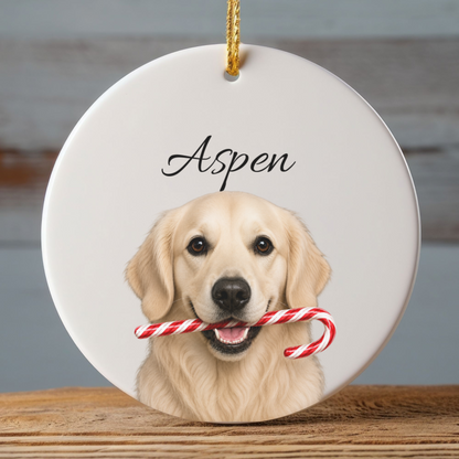 Personalized English Cream Golden Retriever Candy Cane Ornament
