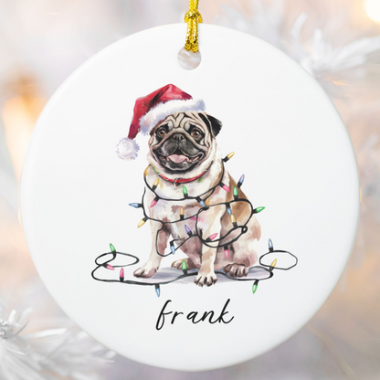 Pug Christmas Ornament, Personalized Tan Pug Keepsake