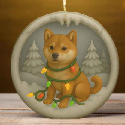 Personalized Red Shiba Inu Christmas Ornament, 3D Clay-Style Dog Keepsake with Lights