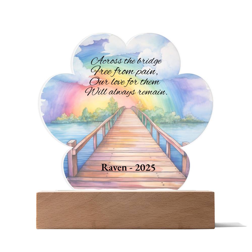 Personalized Pet Memorial Acrylic Light, Rainbow Bridge Paw Plaque with LED Base, Custom Dog Cat Loss Remembrance Gift