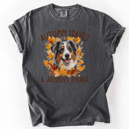 Australian Shepherd Fall Comfort Colors Dog Mom Shirt, Autumn Leaves & Aussies Please