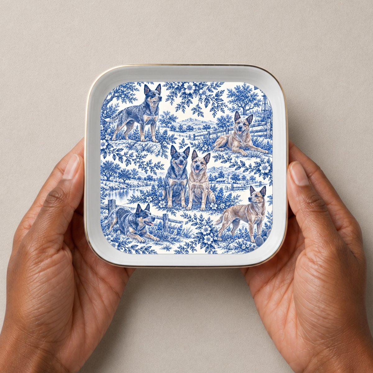 Australian Cattle Dog Blue Toile Jewelry Dish, Vintage Blue Heeler Trinket Tray Gift