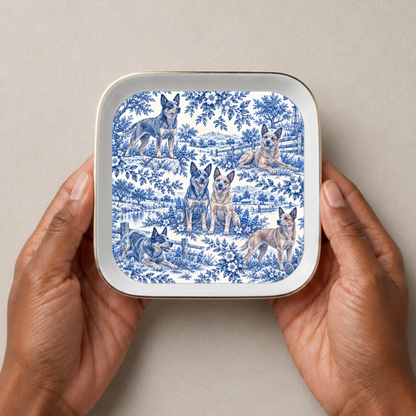 Australian Cattle Dog Blue Toile Jewelry Dish, Vintage Blue Heeler Trinket Tray Gift