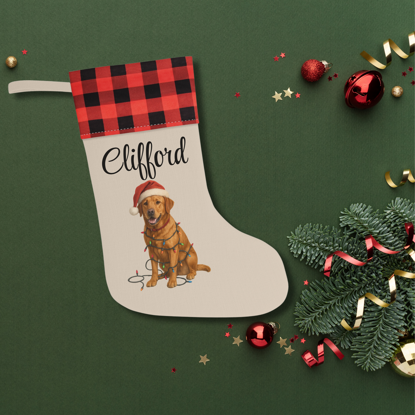 Personalized Fox Red Labrador Retriever Christmas Stocking, Custom Dog Name Holiday Stocking, Labrador Lover Gift, Pet Christmas Decor