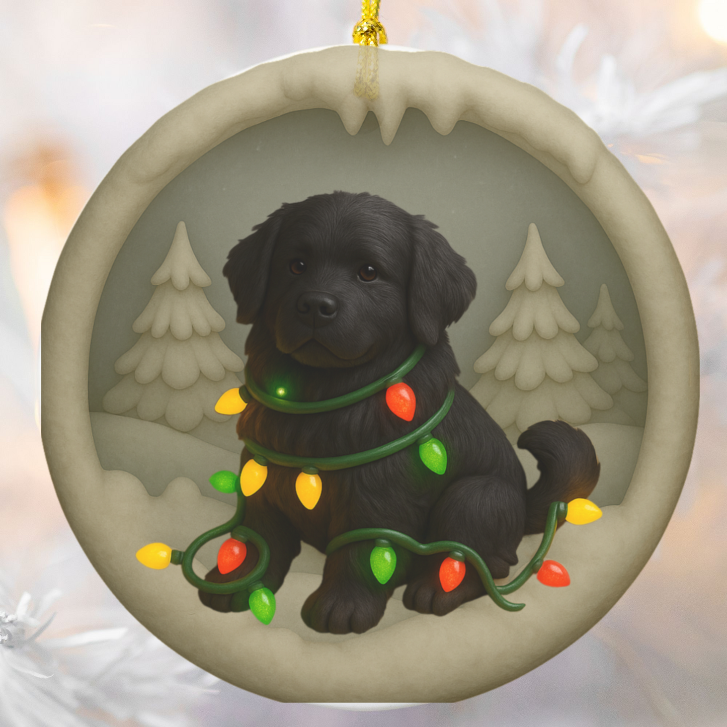 Personalized Black Newfoundland Christmas Ornament, 3D Clay-Style Dog Keepsake with Lights