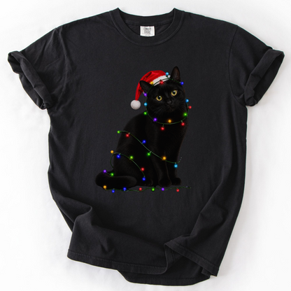 Black Cat Christmas Lights Shirt, Comfort Colors Holiday Cat Lover Tee