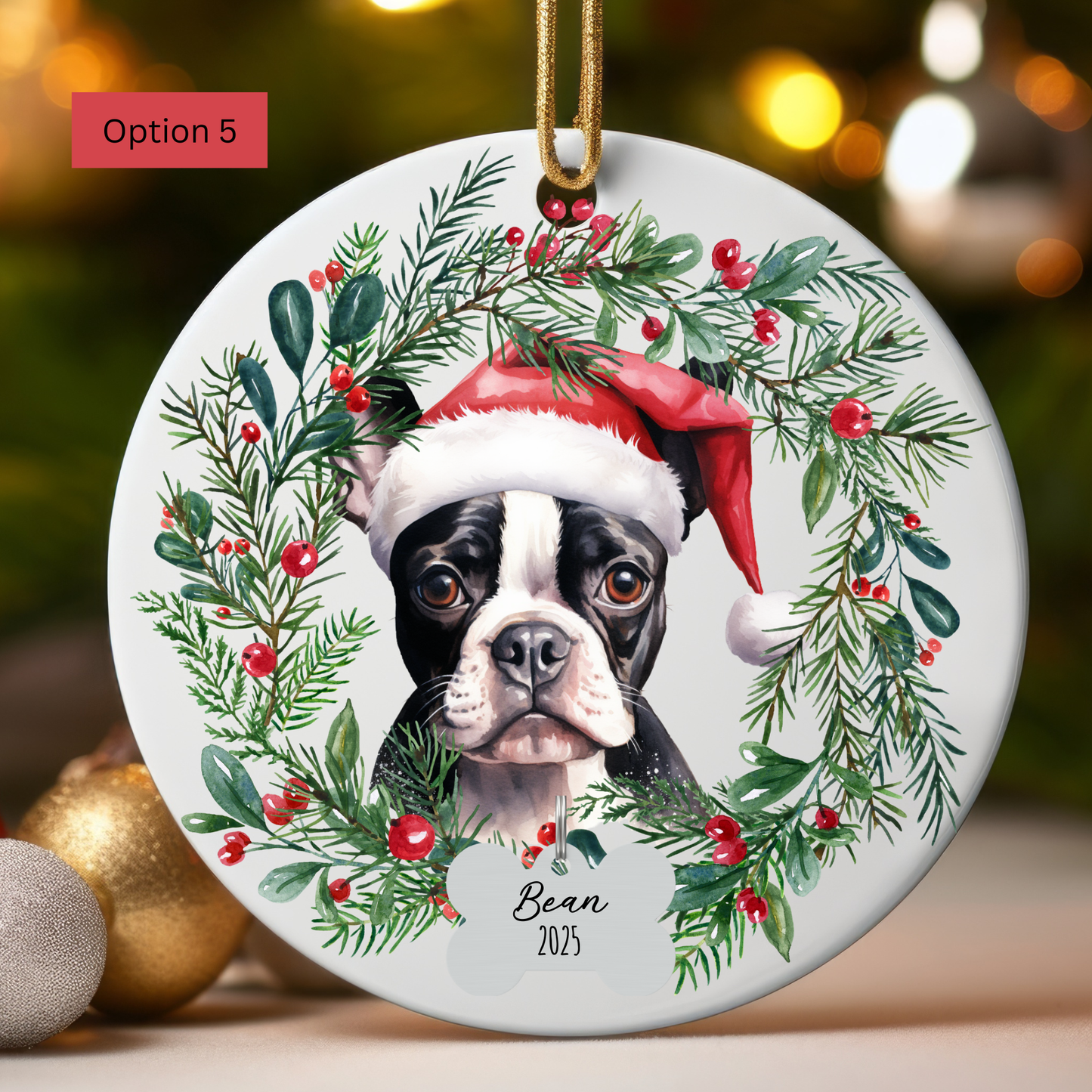 Personalized Boston Terrier Christmas Wreath Ornament