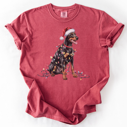 Doberman Pinscher Christmas Lights Shirt, Festive Holiday Tee for Dobie Lovers
