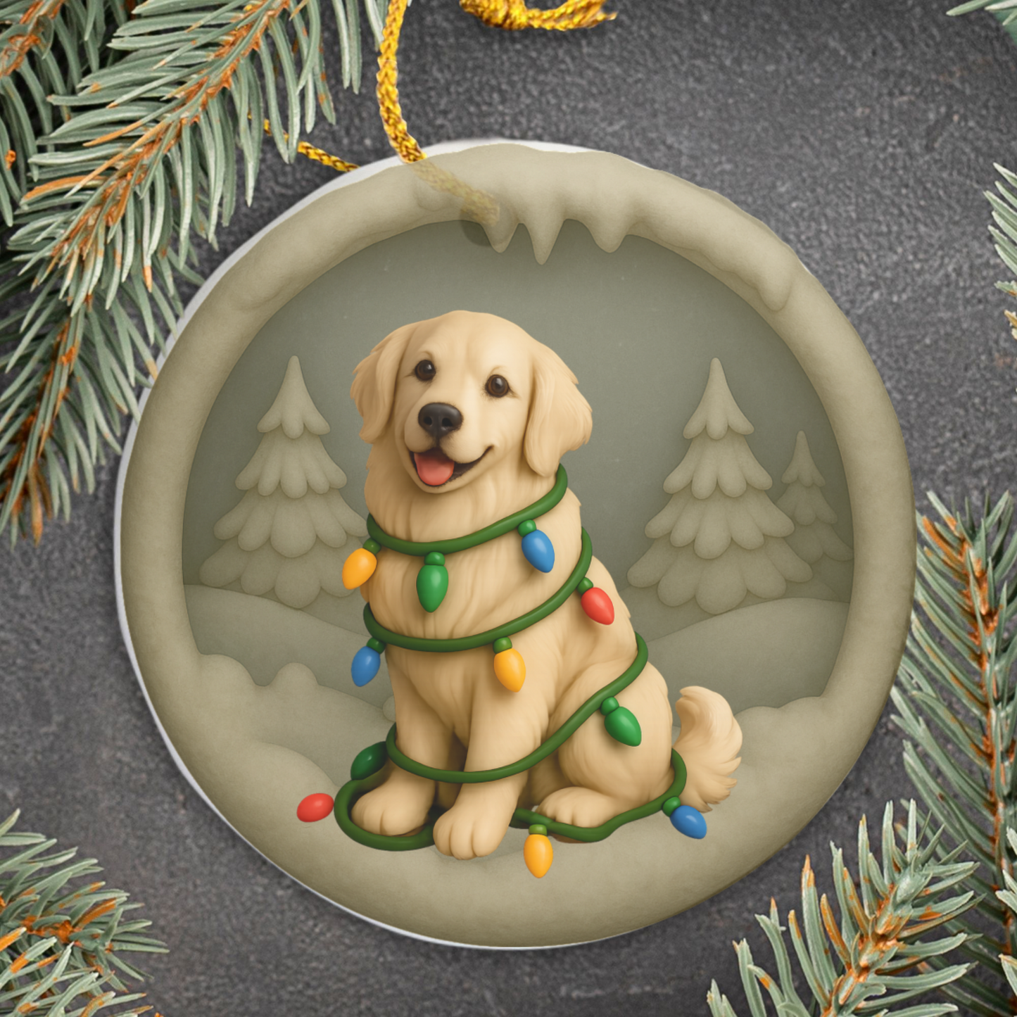Personalized English Cream Golden Retriever Christmas Ornament, Custom Golden with Holiday Lights Keepsake
