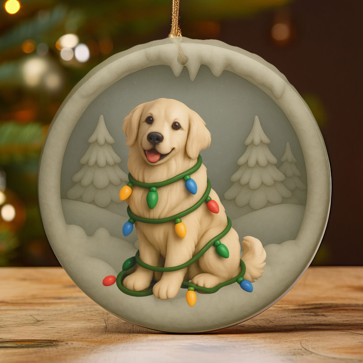 Personalized English Cream Golden Retriever Christmas Ornament, Custom Golden with Holiday Lights Keepsake