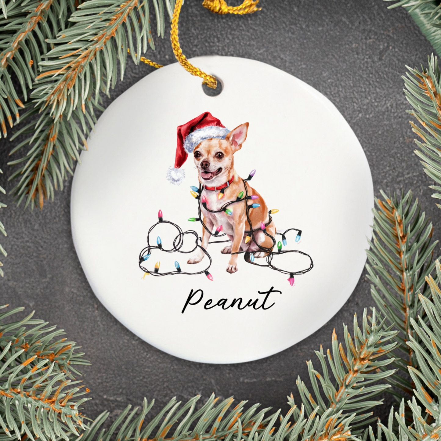 Personalized Tan Chihuahua Christmas Ornament, Custom Dog Name Holiday Keepsake, Ceramic Decor
