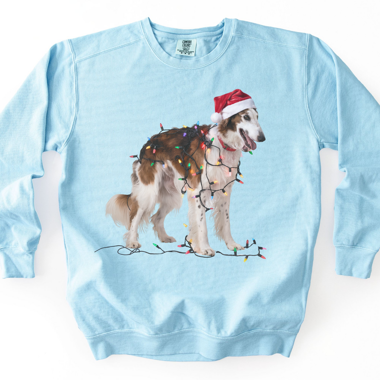 Christmas Borzoi Sweatshirt, Dog Wrapped in Lights, Festive Dog Lover Apparel