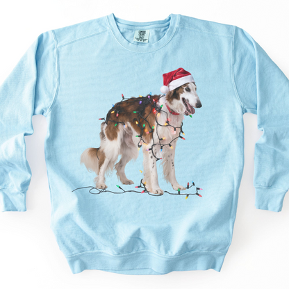 Christmas Borzoi Sweatshirt, Dog Wrapped in Lights, Festive Dog Lover Apparel