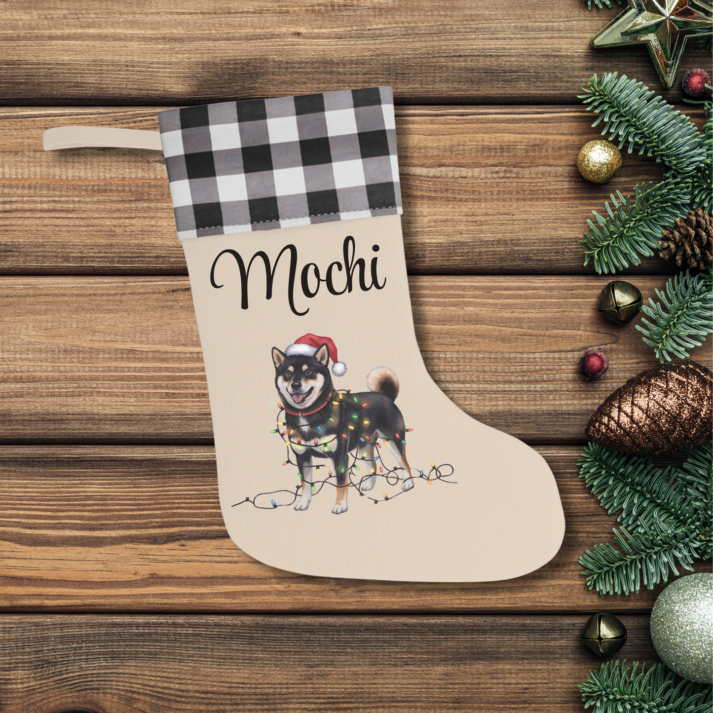 Personalized Black Shiba Inu Christmas Stocking, Holiday Decor Gift for Pet Lovers