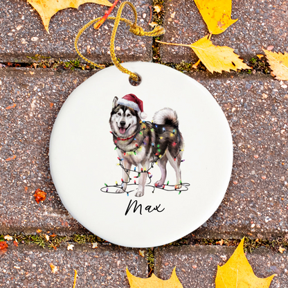 Personalized Alaskan Malamute Christmas Ornament, Dog Name Decor, Ceramic Pet Gift