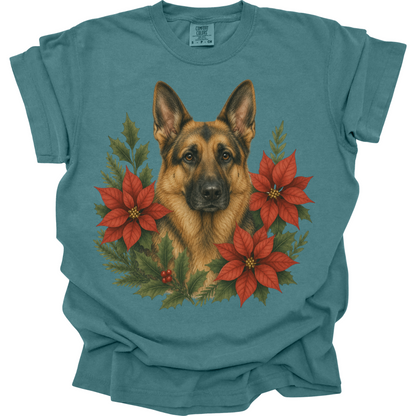 German Shepherd Christmas Shirt, Poinsettia Dog Mom Holiday Tee