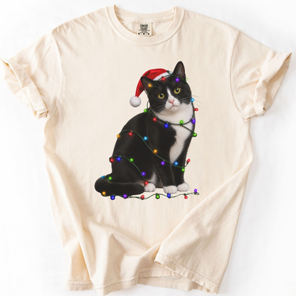 Tuxedo Cat Christmas Lights Shirt, Comfort Colors Holiday Cat Lover Tee
