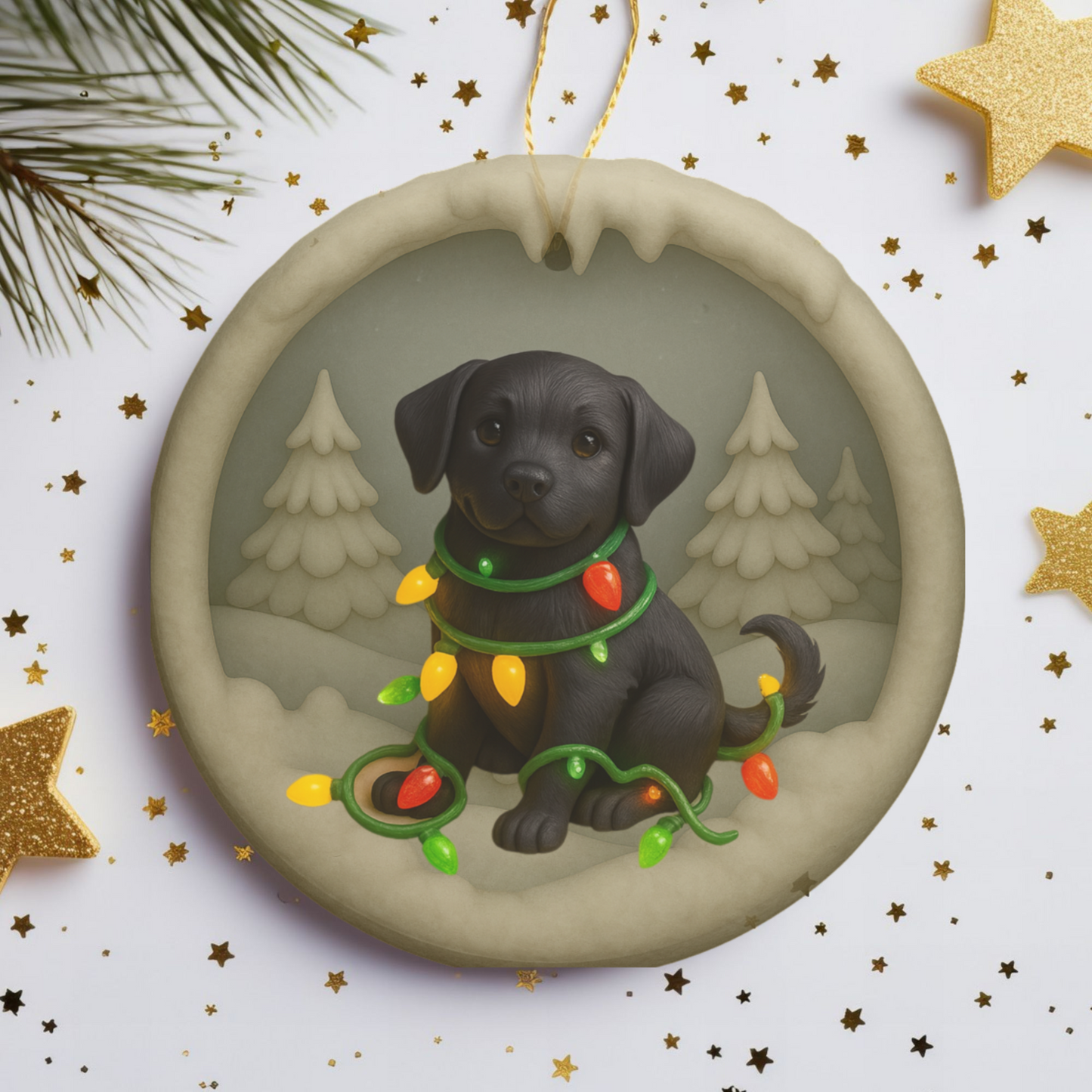 Black Lab Christmas Ornament, Personalized Labrador Retriever Puppy with Holiday Lights, Custom Dog Lover Gift, Tree Decoration
