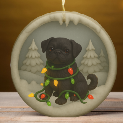 Personalized Black Pug Christmas Ornament, 3D Clay-Style Dog Keepsake with Lights