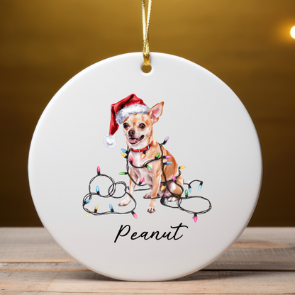 Personalized Tan Chihuahua Christmas Ornament, Custom Dog Name Holiday Keepsake, Ceramic Decor