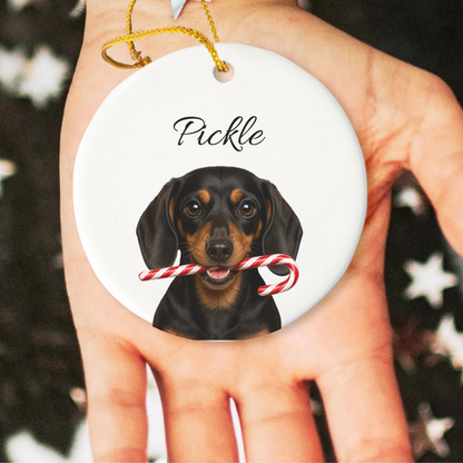 Personalized Black and Tan Dachshund Candy Cane Ornament
