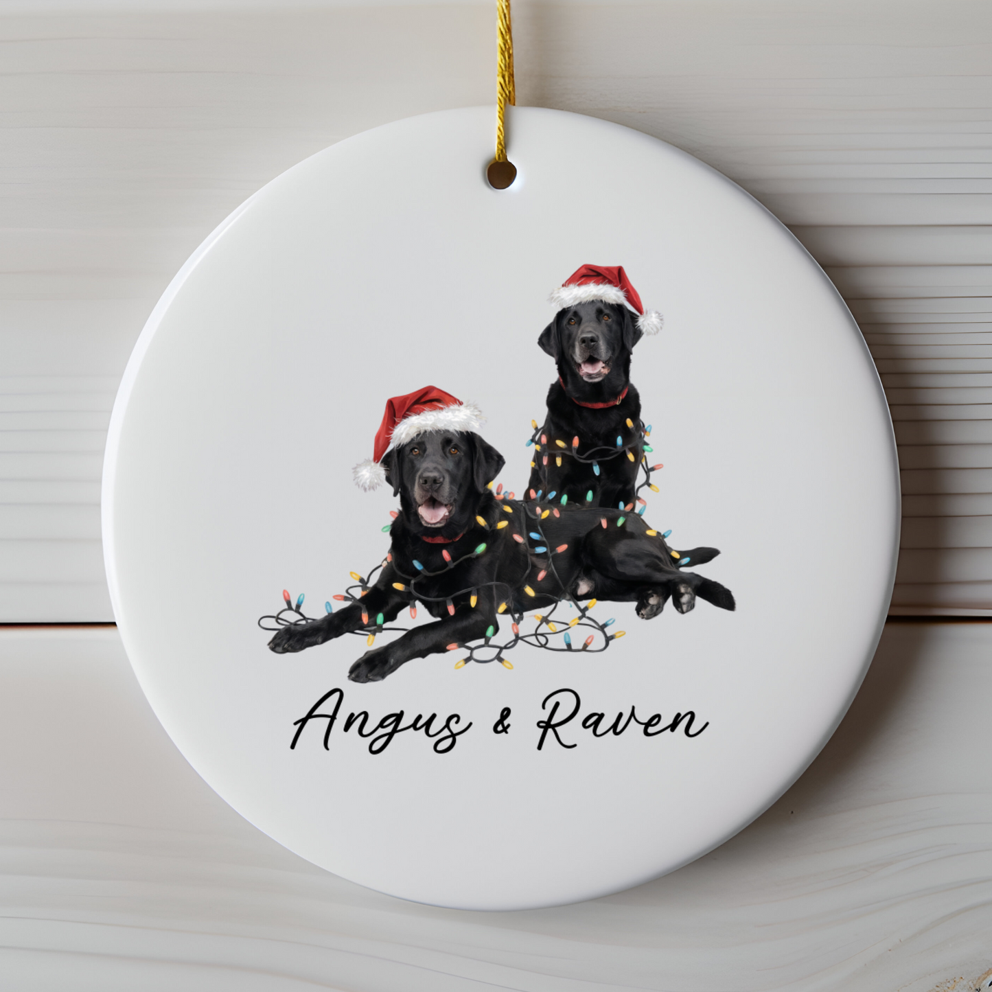 Personalized Black Lab Christmas Ornament: Festive Dog Duo with Lights, Ceramic Keepsake