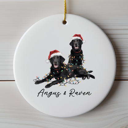 Personalized Black Lab Christmas Ornament: Festive Dog Duo with Lights, Ceramic Keepsake