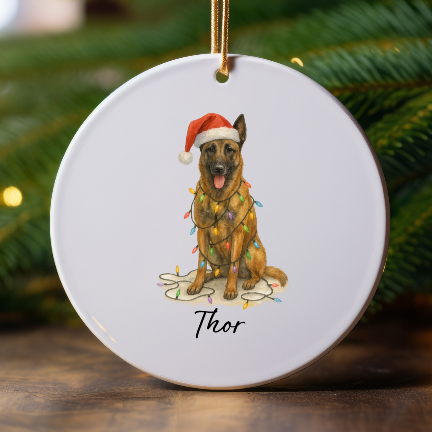 Personalized Belgian Malinois Dog Christmas Ornament, Ceramic Pet Decor, Santa Hat Lights