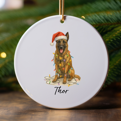Personalized Belgian Malinois Dog Christmas Ornament, Ceramic Pet Decor, Santa Hat Lights
