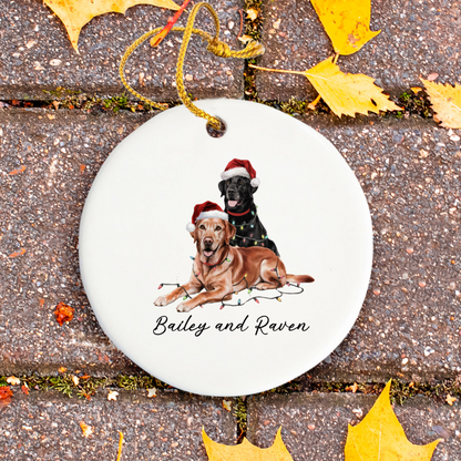 Personalized Red Fox and Black Labrador Christmas Lights Ornament