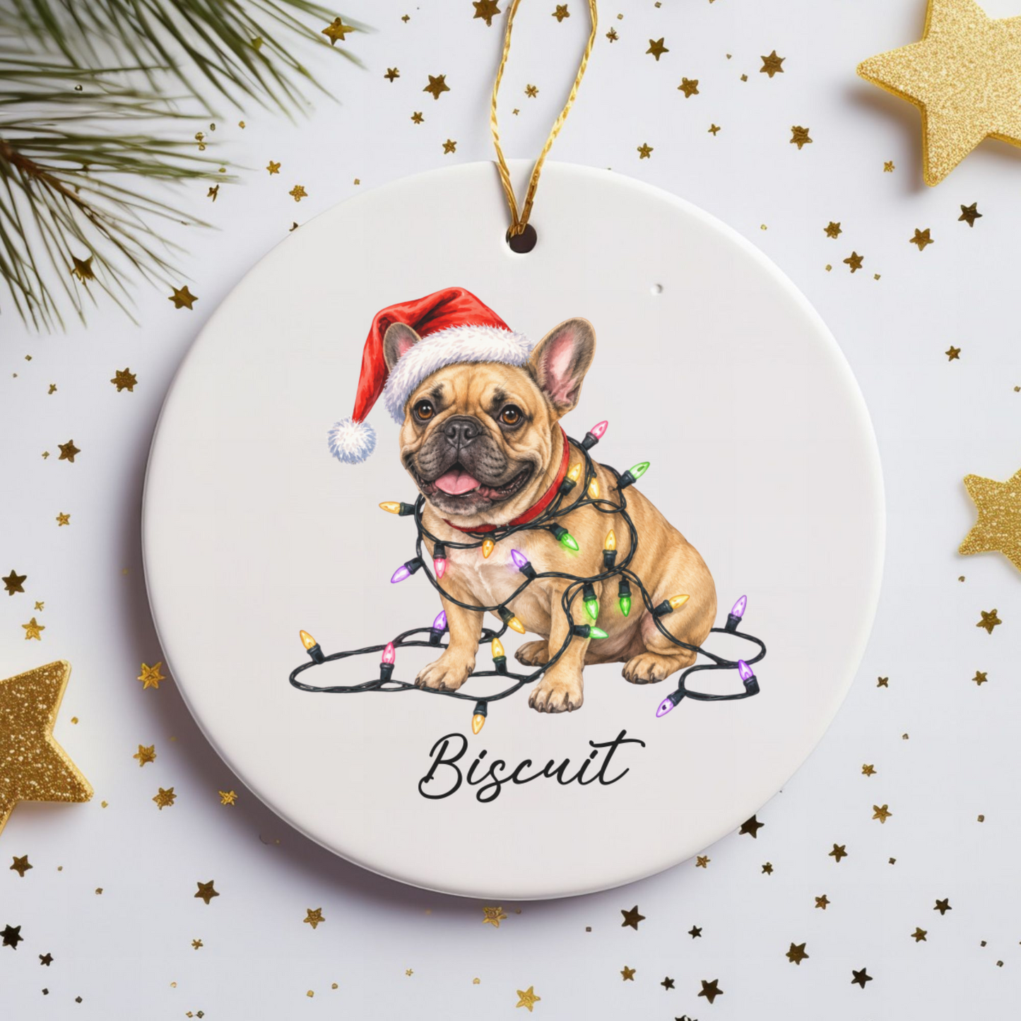 Personalized Fawn French Bulldog Ceramic Ornament, Dog Christmas Gift, Festive Lights Keepsake