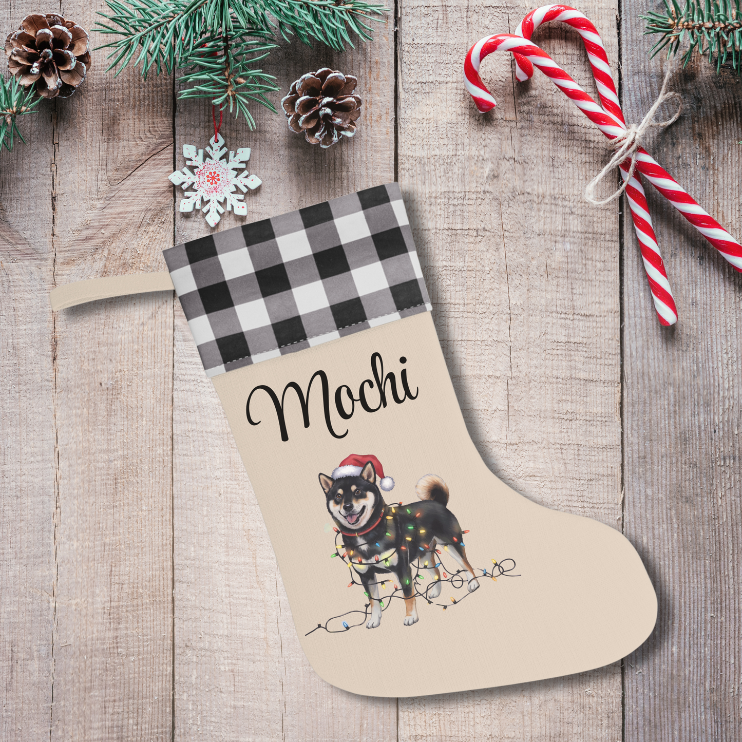 Personalized Black Shiba Inu Christmas Stocking, Holiday Decor Gift for Pet Lovers