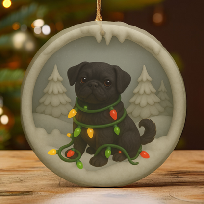 Personalized Black Pug Christmas Ornament, 3D Clay-Style Dog Keepsake with Lights