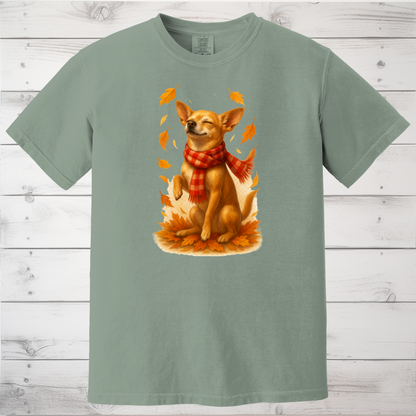 Chihuahua in Autumn Leaves T-shirt, Fall Dog Sweatshirt, Pet Lover Gift, Cozy Canine Apparel, Chihuahua in Scarf, Dog Mom Present
