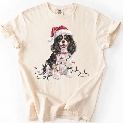 Tri-Color Cavalier King Charles Spaniel Christmas T-Shirt, Festive Dog Lover Holiday Gift, Santa Hat Dog Tee, Cute Cavalier Art