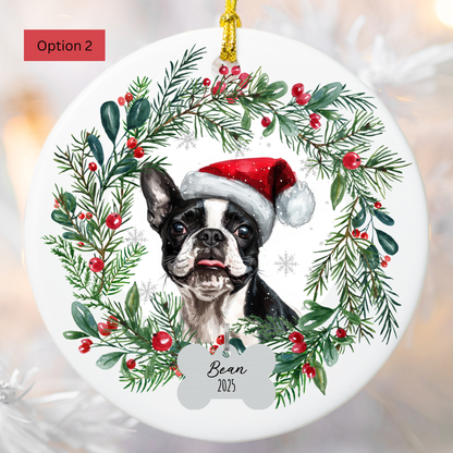 Personalized Boston Terrier Christmas Wreath Ornament