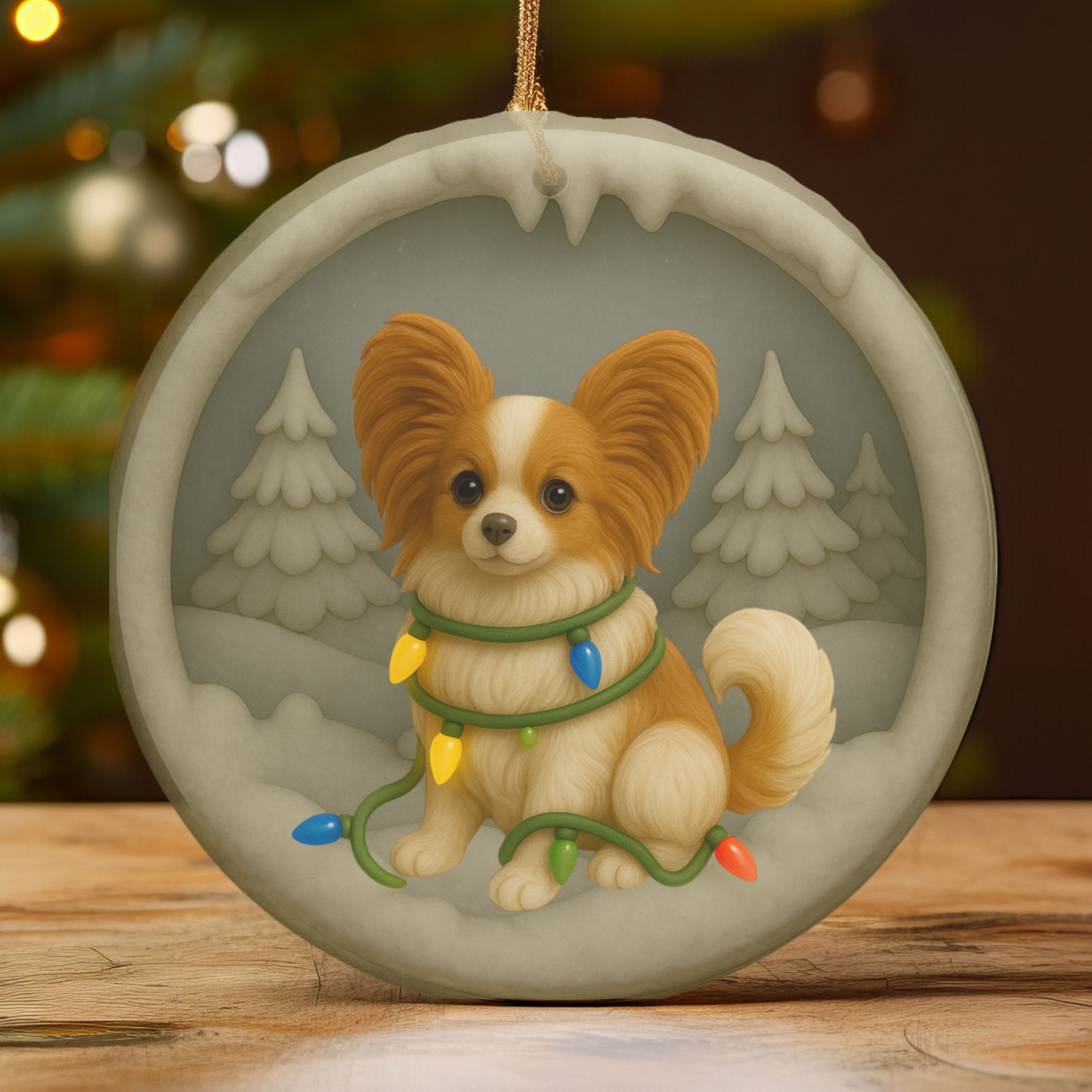 Personalized Papillon Christmas Ornament, 3D Clay-Style Dog Keepsake with Lights