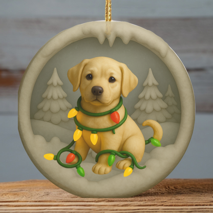 Personalized Yellow Lab Christmas Ornament, Custom Labrador Retriever with Holiday Lights Keepsake