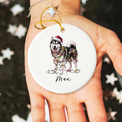 Personalized Alaskan Malamute Christmas Ornament, Dog Name Decor, Ceramic Pet Gift