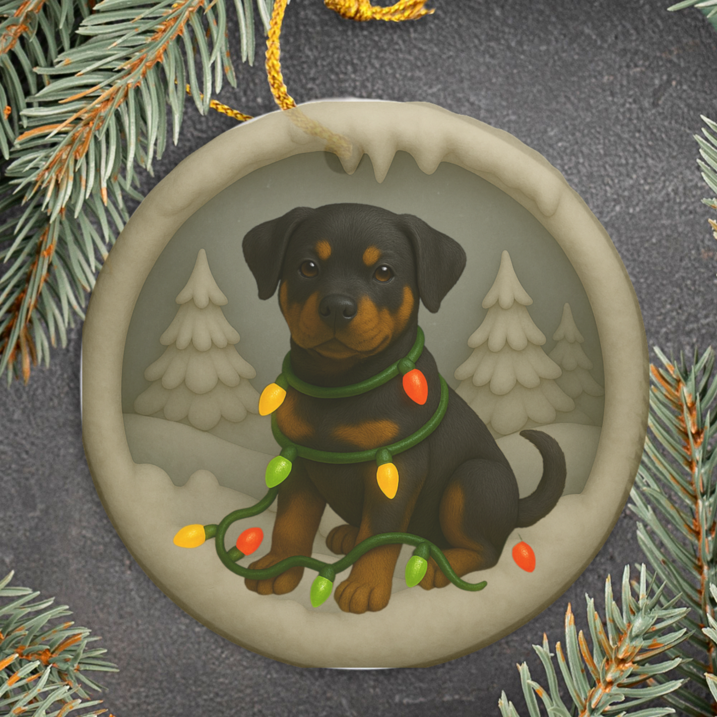 Personalized Rottweiler Christmas Ornament, 3D Clay-Style Dog Keepsake with Lights