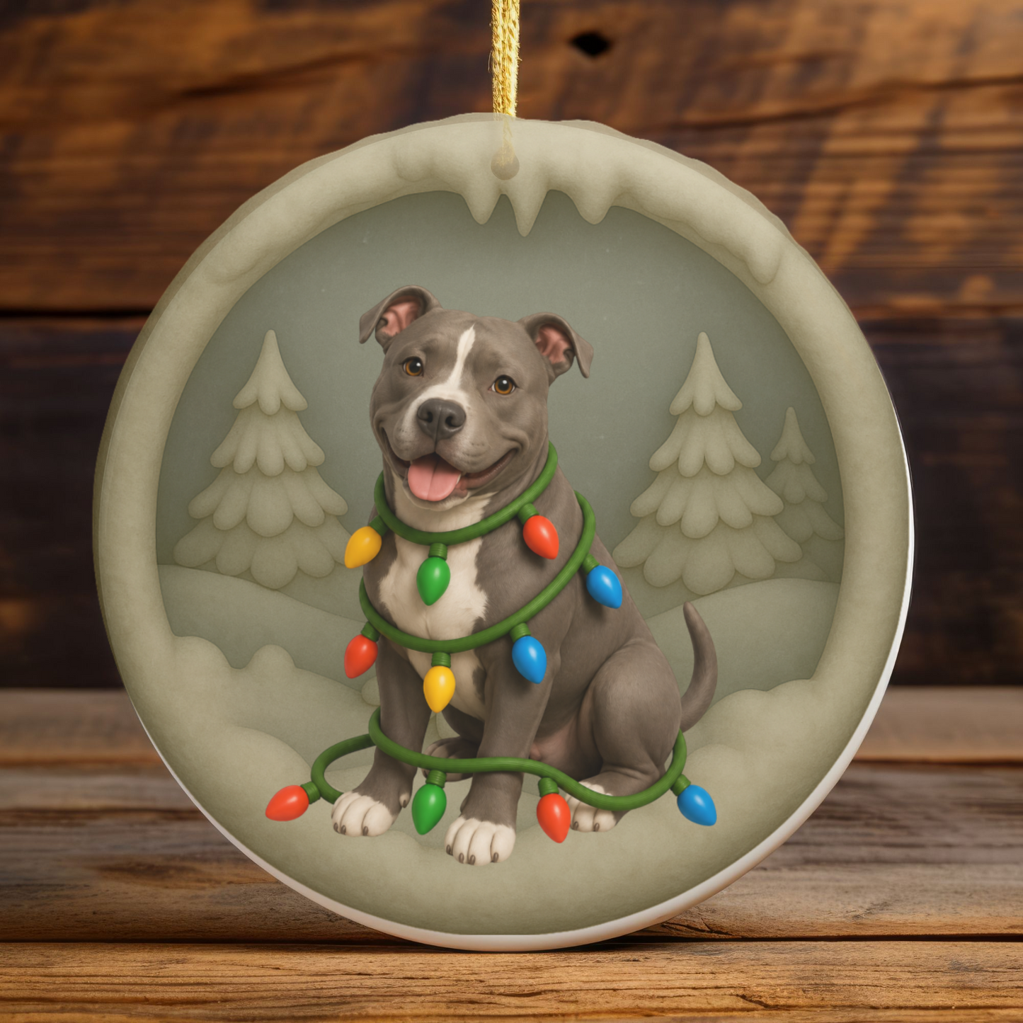 Pitbull Christmas Ornament, Personalized Pitbull Puppy with Holiday Lights, Custom Dog Lover Gift, Tree Decoration