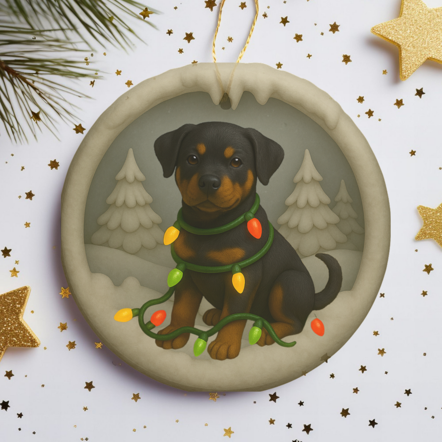 Personalized Rottweiler Christmas Ornament, 3D Clay-Style Dog Keepsake with Lights