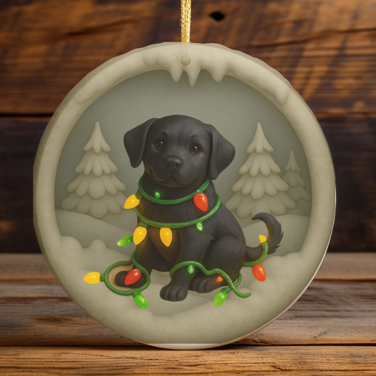 Black Lab Christmas Ornament, Personalized Labrador Retriever Puppy with Holiday Lights, Custom Dog Lover Gift, Tree Decoration