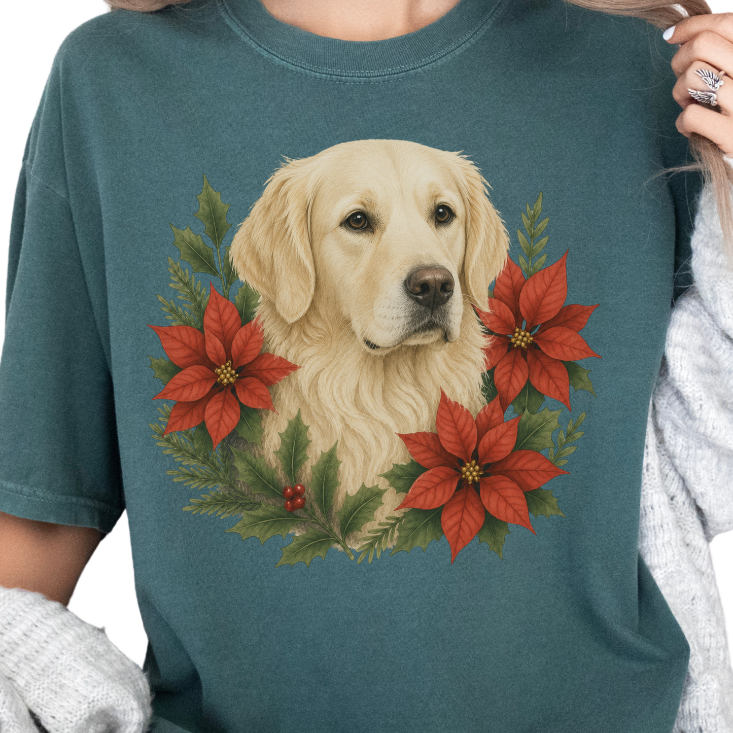 English Cream Golden Retriever Christmas Shirt, Poinsettia Dog Mom Holiday Tee