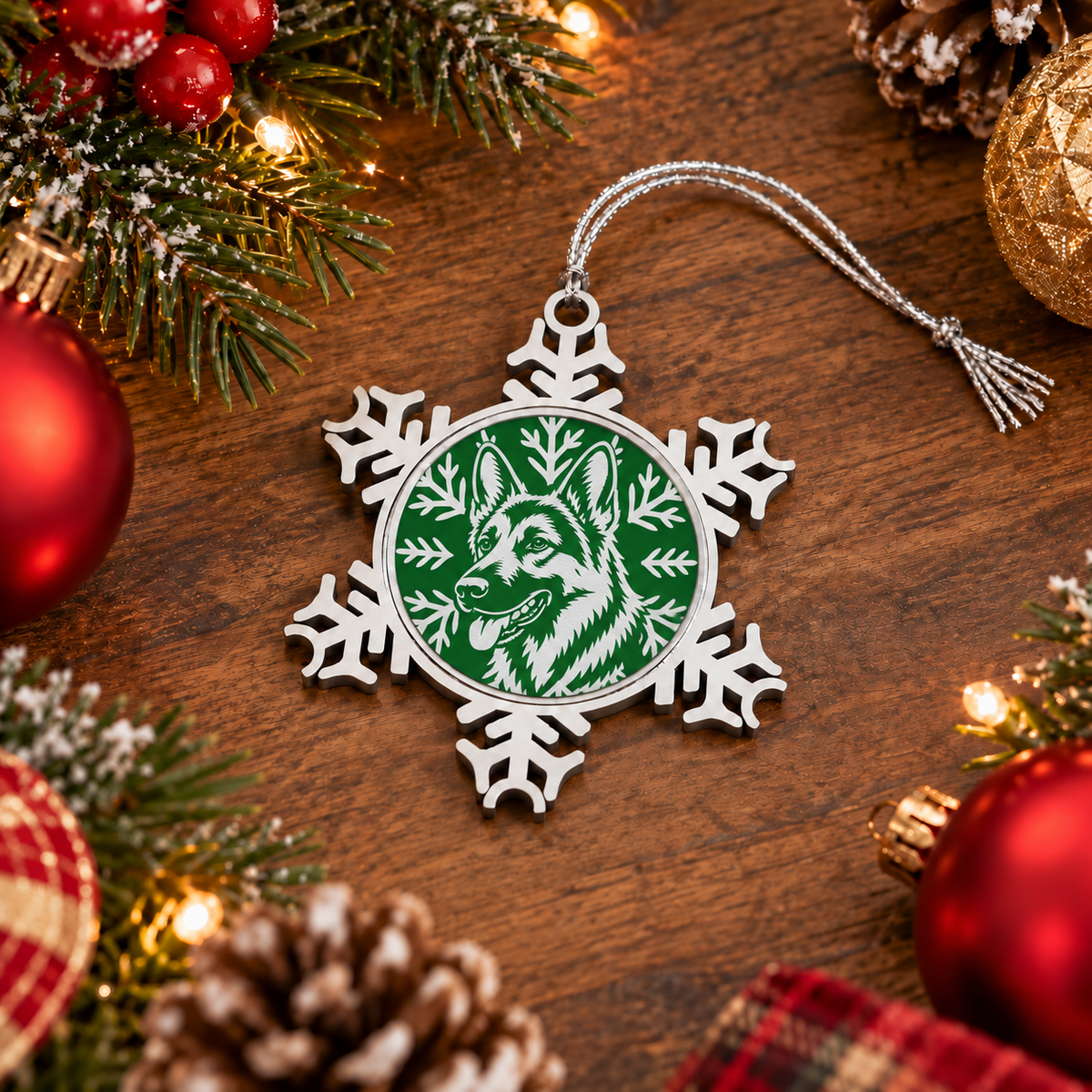 German Shepherd Ornament, Pewter Snowflake Christmas Ornament, German Shepherd Lover Gift