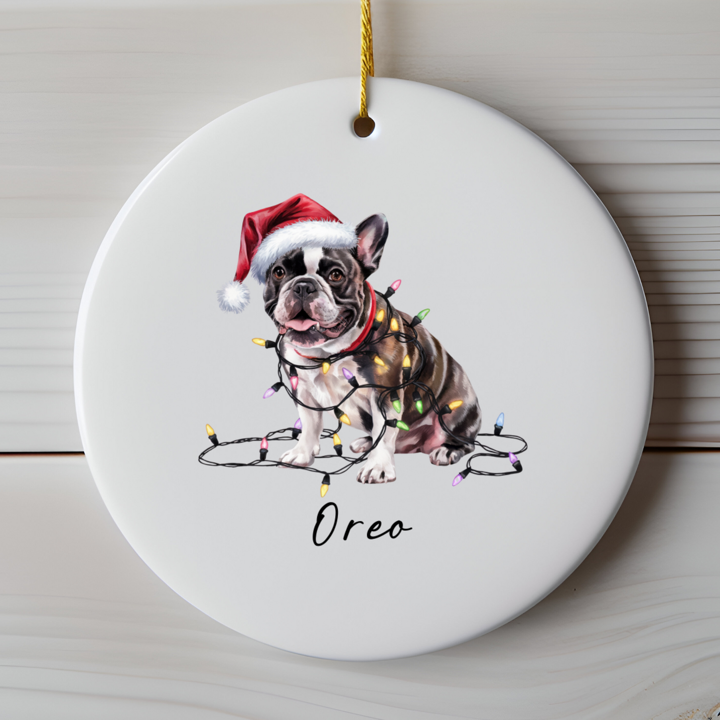 Personalized Black French Bulldog Ceramic Ornament, Dog Christmas Gift, Festive Lights Keepsake