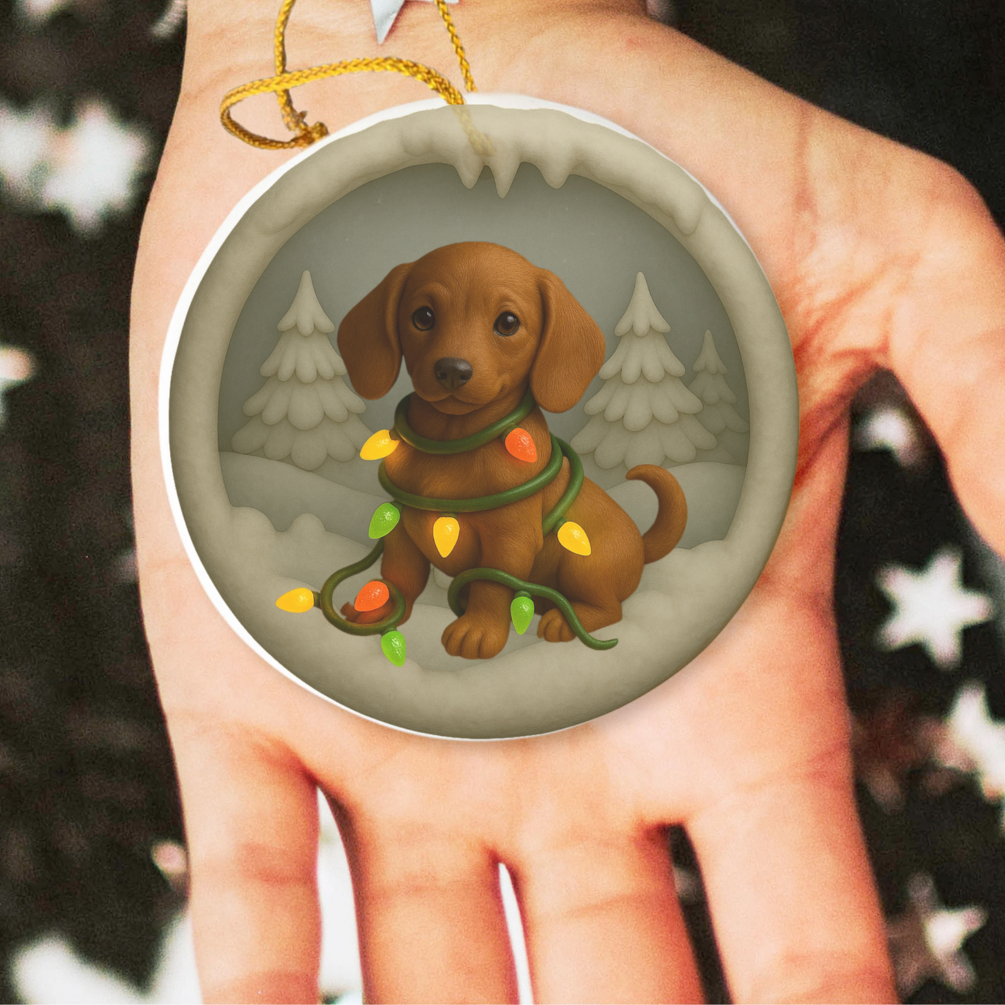 Personalized Red Dachshund Christmas Ornament, 3D Clay-Style Dog Keepsake with Lights