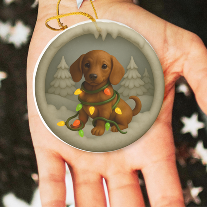 Personalized Red Dachshund Christmas Ornament, 3D Clay-Style Dog Keepsake with Lights
