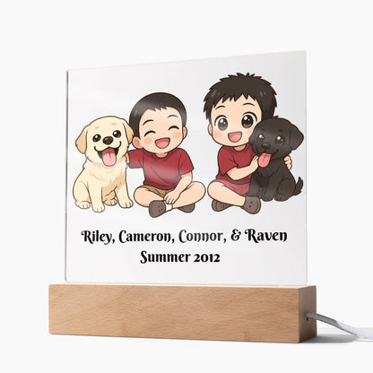 Custom Family Pet Portrait Plaque, Chibi Style Keepsake, Kawaii Cartoon Gift, Personalized LED Decor, Gift for Families