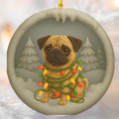 Personalized Tan Pug Christmas Ornament, 3D Clay-Style Dog Keepsake with Lights